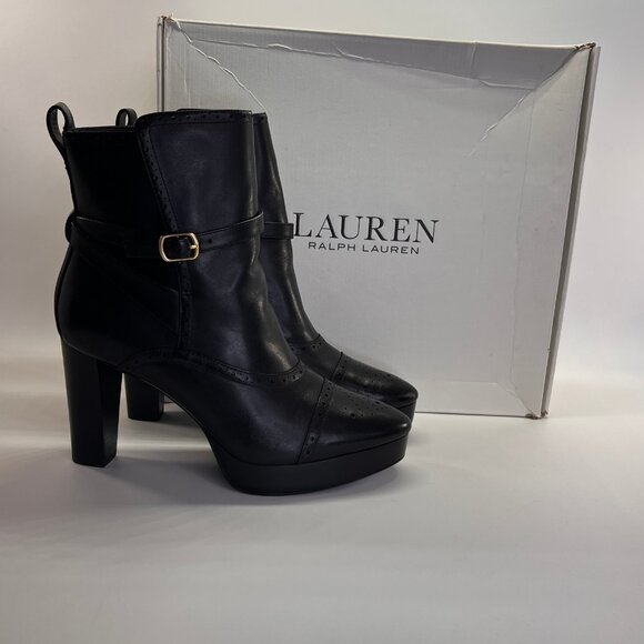 Ralph Lauren McKinsey Bootie Size 11B Black Burnished Leather Platform Heel - Picture 1 of 16